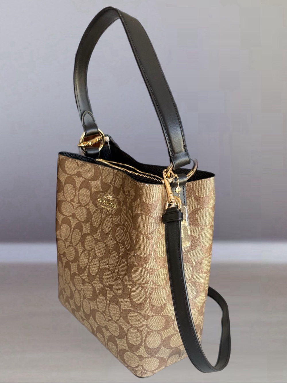 Nwt Coach Brown Signature Canvas Shoulder Tote with Black Leather Strap
